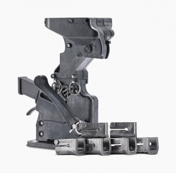 MagPump 9mm Luger magazine loader with six magazine retainers including Glock, SIG, Smith & Wesson, Ruger, CZ, Springfield Armory